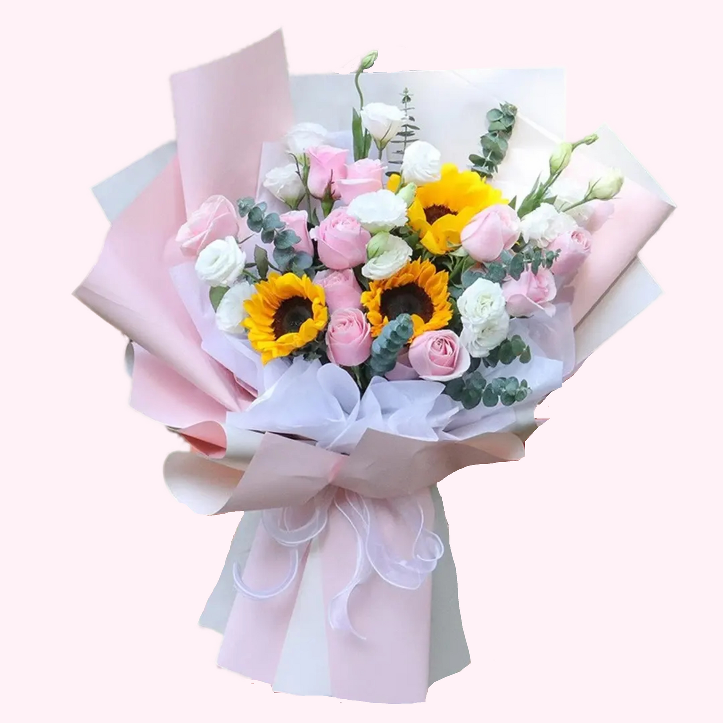 向日葵粉玫瑰配白桔梗尤加利葉花束