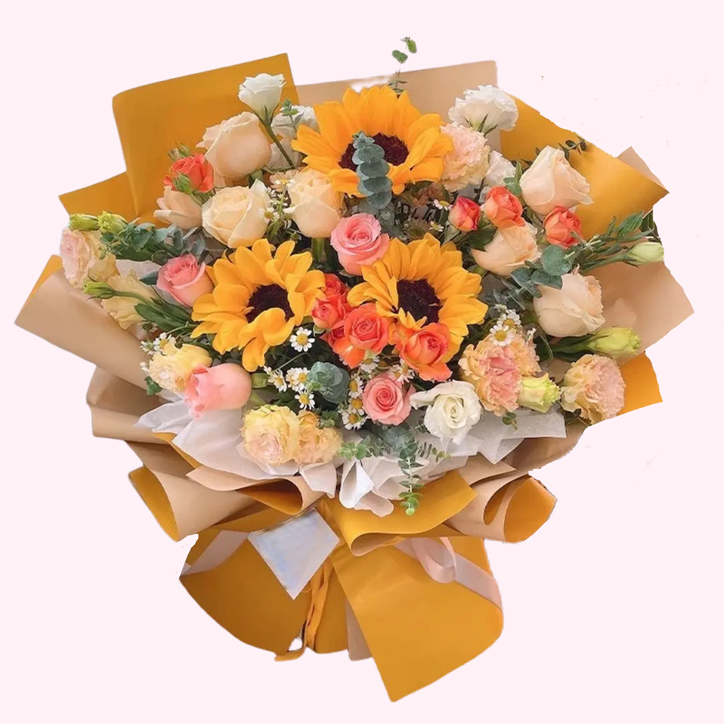 向日葵香檳玫瑰花粉色玫瑰配康乃馨配小藍花洋甘菊花束