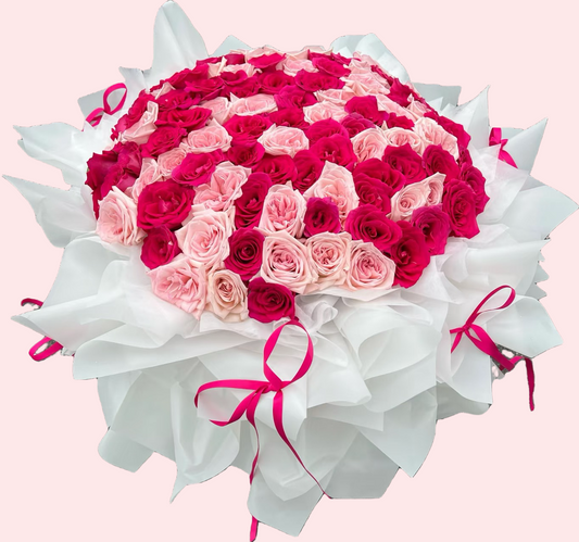 99朵心形或圓形粉紅和紅色混搭玫瑰花束