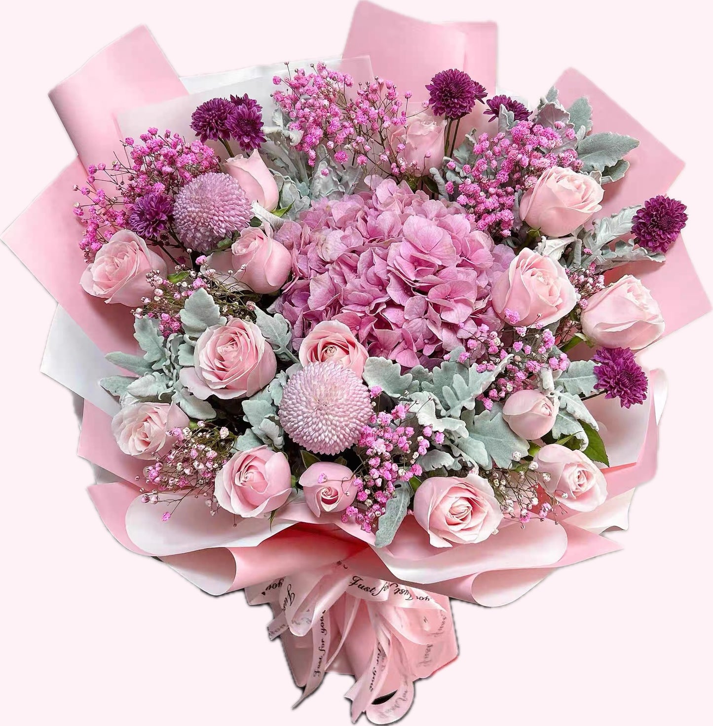 粉色玫瑰,繡球花配滿天星,乒乓菊花束