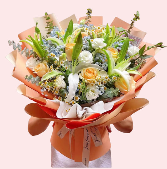 11朵香檳玫瑰，8朵百合花，配白色桔梗，滿天星，洋甘菊