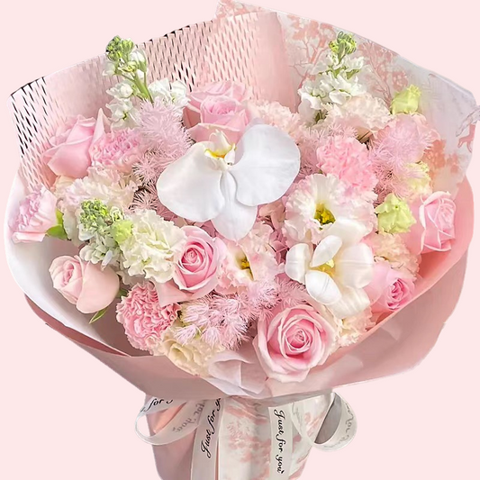 粉色玫瑰花, 粉色康乃馨, 百合, 蝴蝶蘭花束