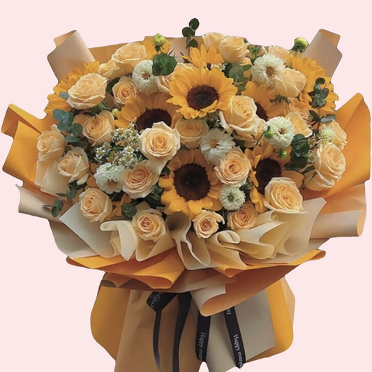 3支向日葵香檳玫瑰花桔梗花束