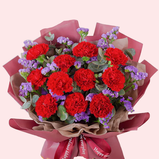 11枝紅色康乃馨配紫色無忘我花束