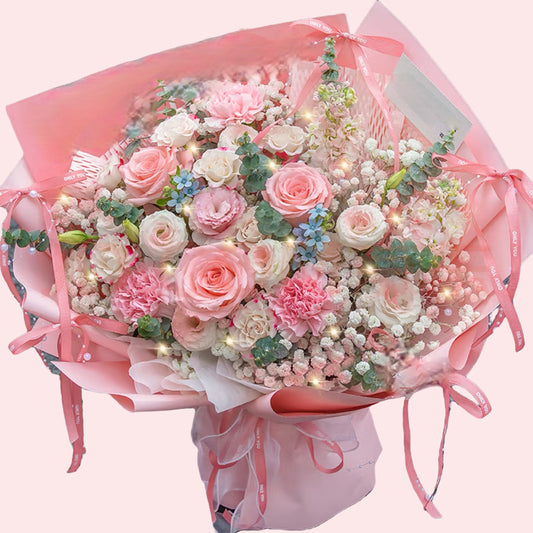 粉色康乃馨玫瑰花配滿天星小藍花束