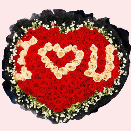 99朵紅色和香檳玫瑰心形滿天星花束配I❤️U字