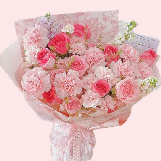 8枝粉色康乃馨混搭9枝粉色玫瑰花，3枝紫羅蘭花束