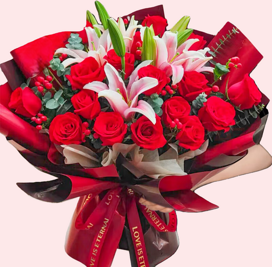 9支紅玫瑰,粉色百合花配紅豆花束