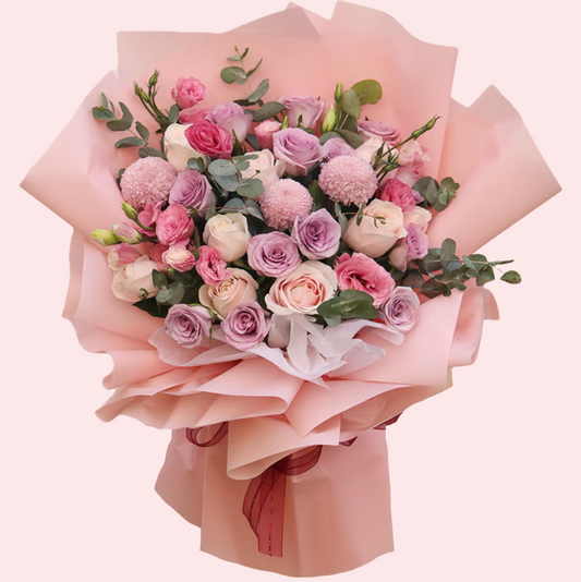 紫玫瑰花,粉紅玫瑰花,配桔梗,乒乓菊鮮花花束