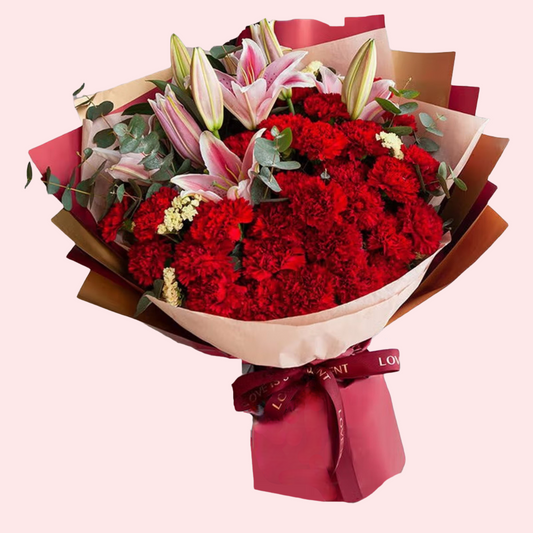 33朵紅色康乃馨混搭百合花束
