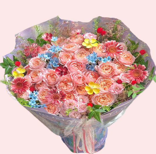 粉橙朱麗葉玫瑰花，非洲菊配藍星, 黃花、千日紅花束
