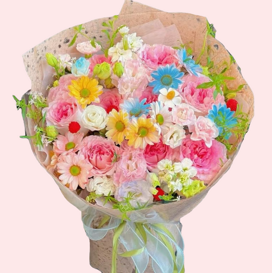 多色玫瑰花，康乃馨，非洲菊，紫羅蘭和桔梗花束