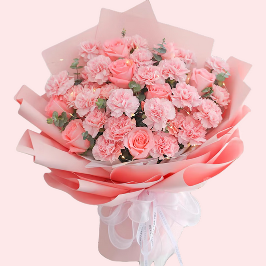 粉紅康乃馨，混搭粉色玫瑰花束